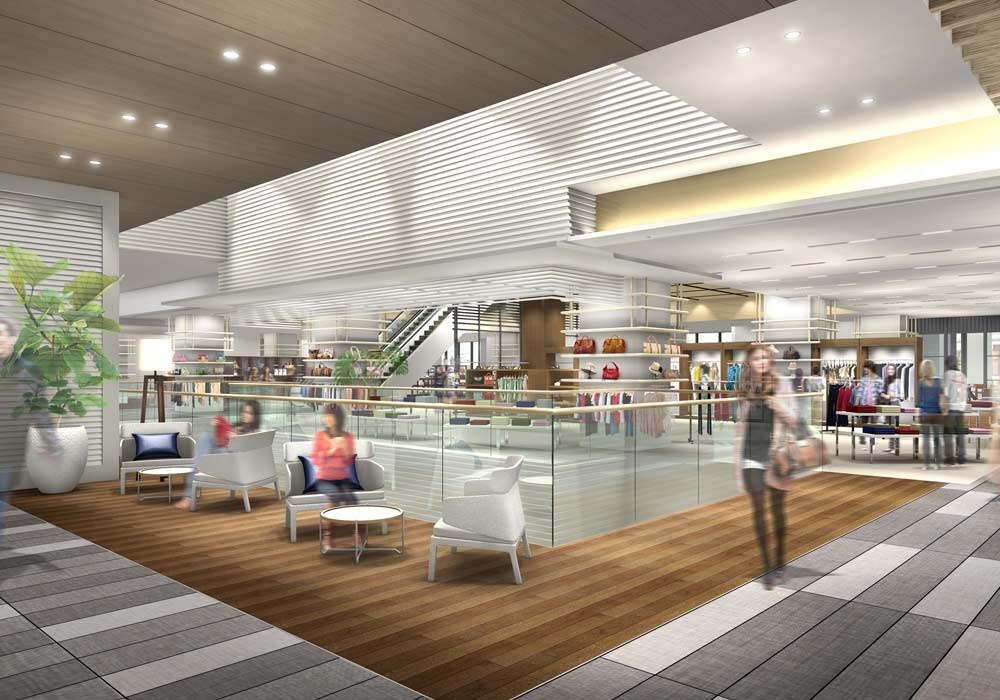 Modern retail space with open seating, bright lighting, and stylish displays of clothing and accessories, creating a welcoming shopping environment.