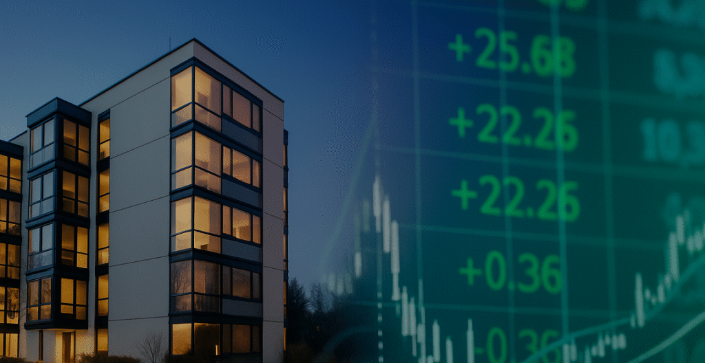 Modern condominium building in the Philippines at dusk with stock market growth chart overlay, symbolizing real estate investment trends.