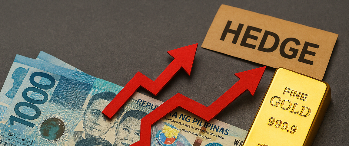 Philippine peso bills, gold bar, and rising red arrows symbolizing how real estate investment in the Philippines can serve as a hedge against inflation.